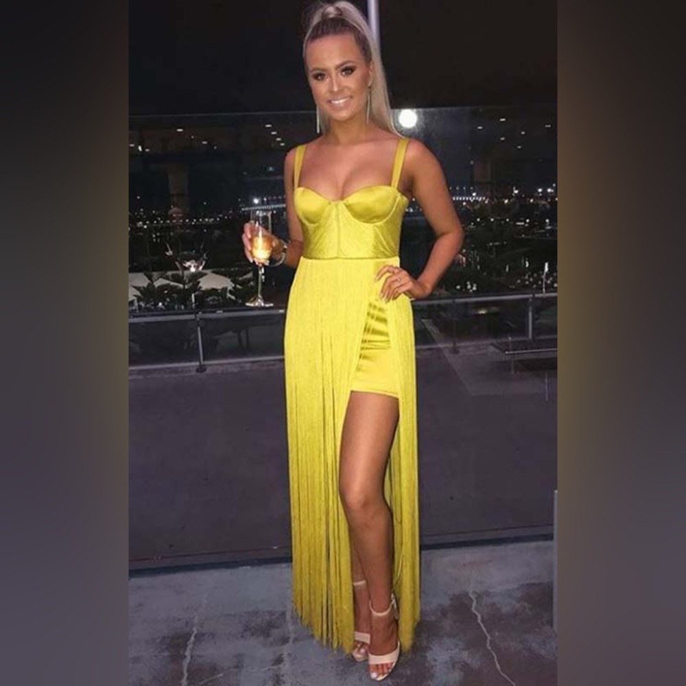 HOUSE OF CB 'Emee' Acid Yellow Satin Fringe Dress - Picture 6 of 17